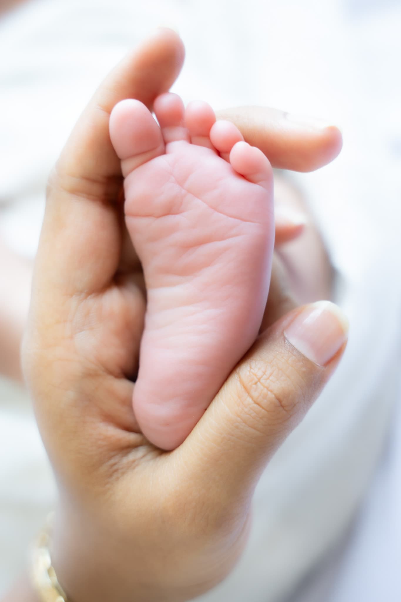 A newborn’s tiny feet resting in a parent’s hand